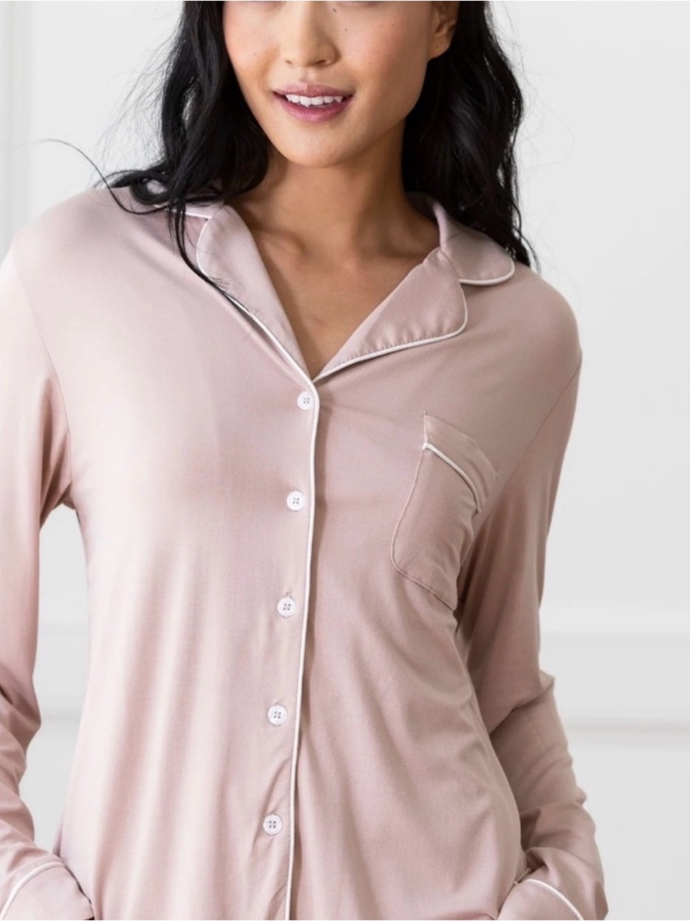 New Bamboo Long-Sleeve Pajama Top and Shorts in Light Blush with Piping